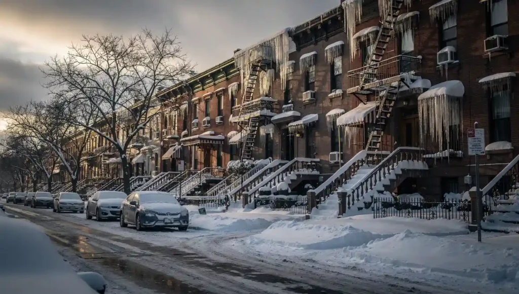 New York brownstone home showing storm damage risks — fallen tree, ice dams, and water damage covered by homeowners insurance 2026