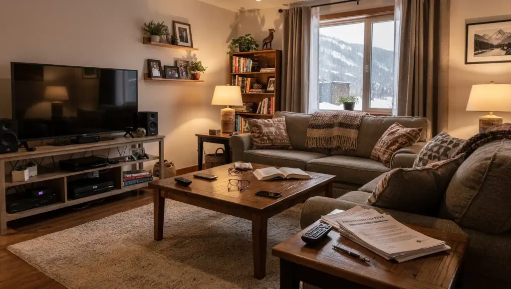 Cozy Wyoming apartment living room with renters insurance policy document on coffee table