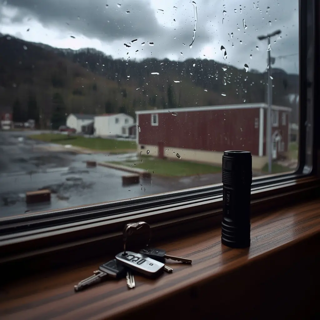 A realistic view from a ground-floor rental property in West Virginia, showing flood risks during a heavy storm near the foundation. Best renters insurance quotes in West Virginia 2026.