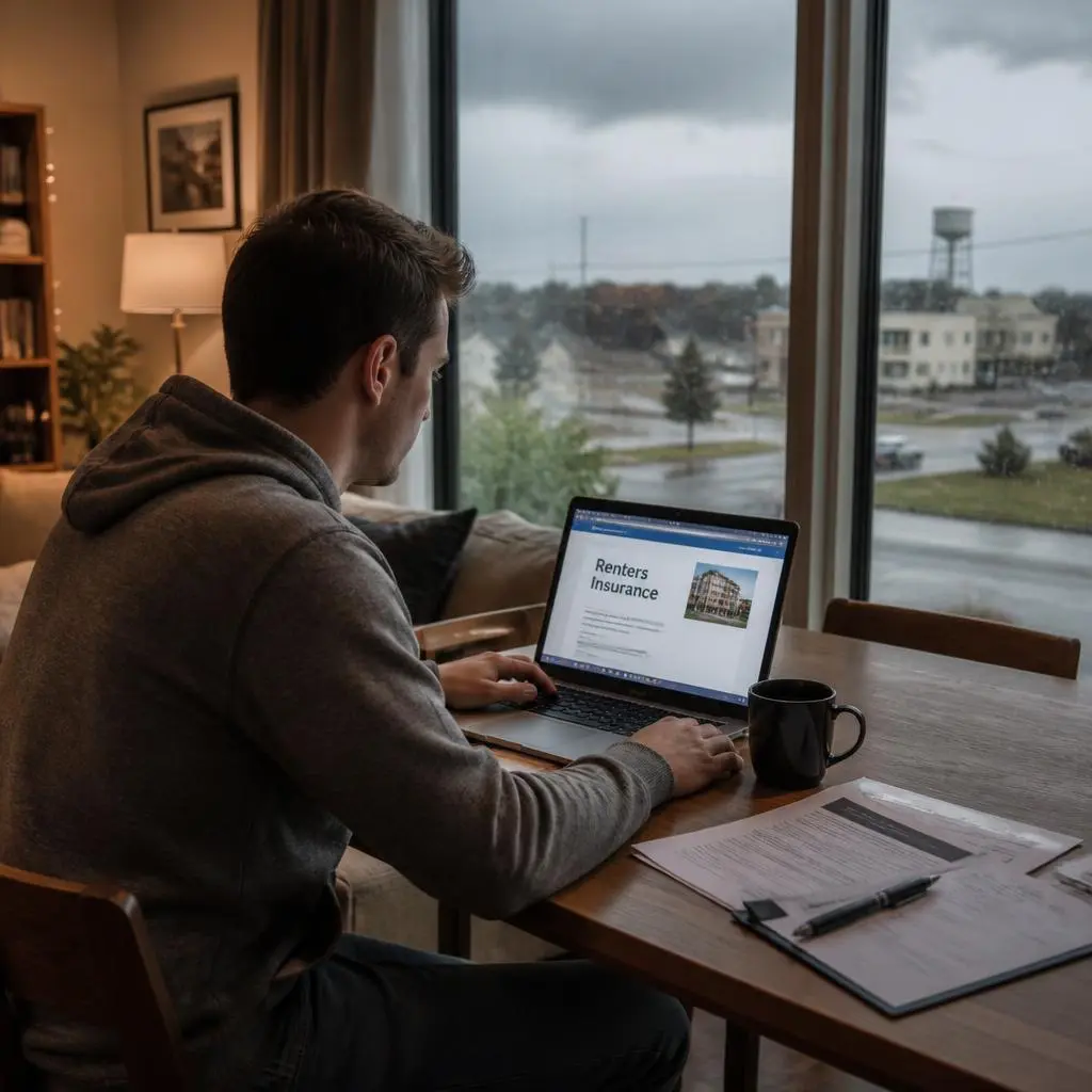 A young couple review bundling renters and auto insurance in Iowa with an agent in their Des Moines apartment.